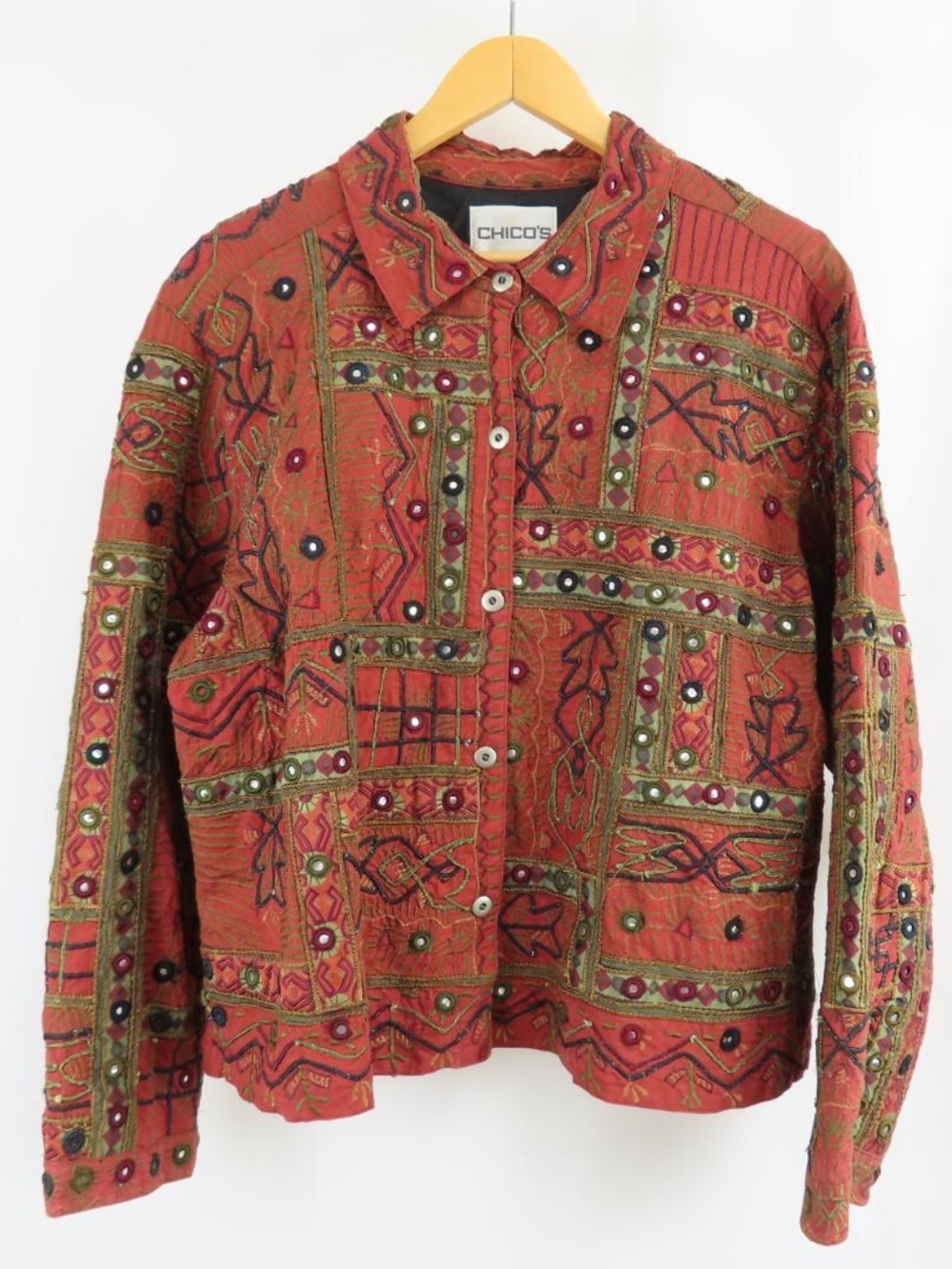 90s Chico’s Embroidered Jacket Women’s Large (2) Red Bohemian Artsy Cotton